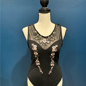 ally black embroidered body suit with mesh size medium
